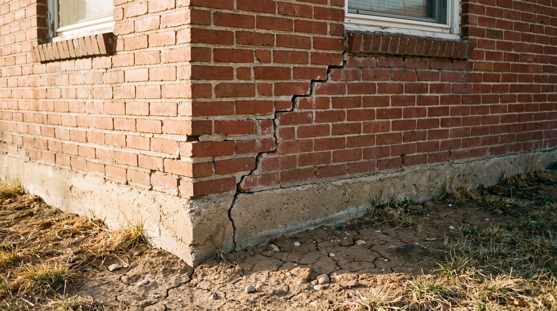 Stair-step crack in the brick above a house foundation