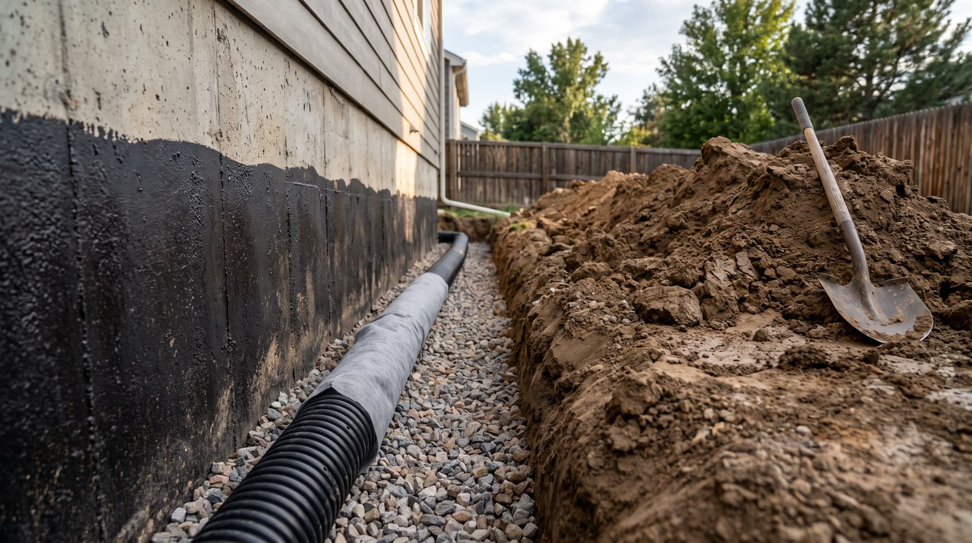 Drain pipe and gravel in a trench along a foundation wall
