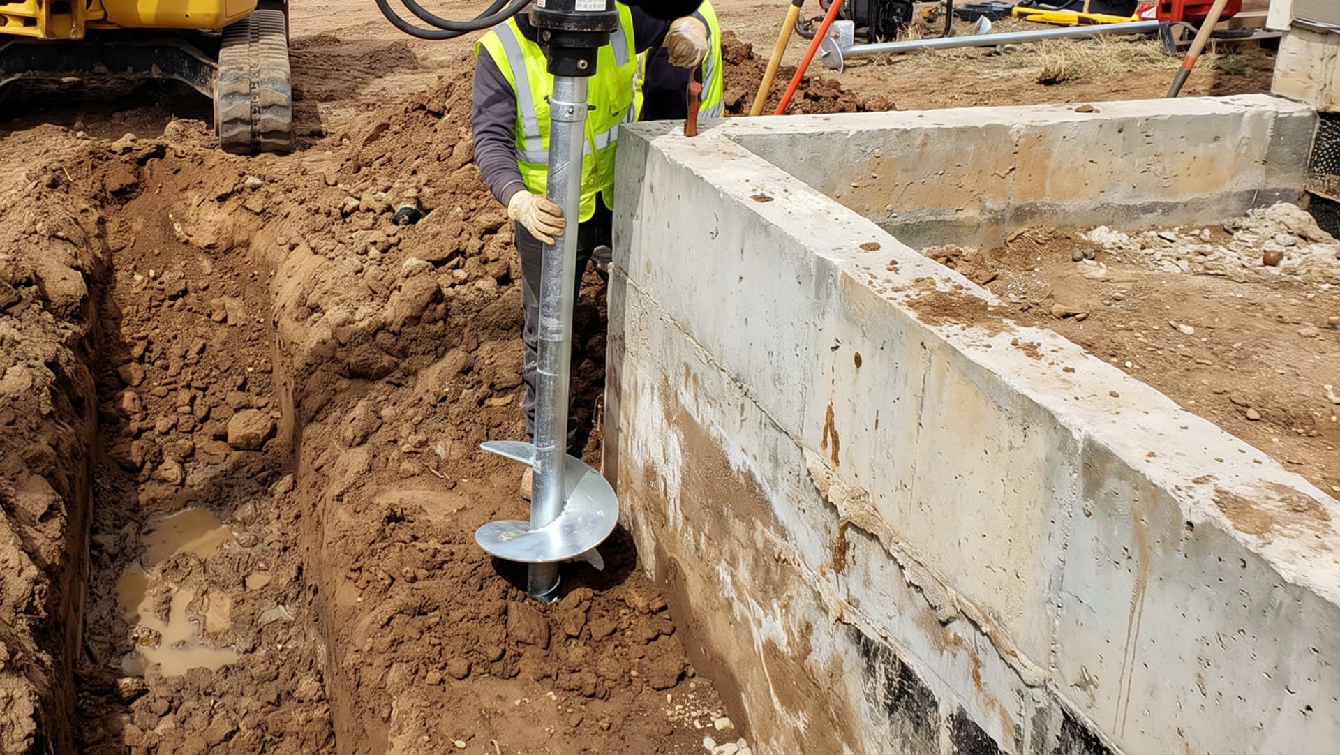 Helical pier turned into the ground beside a house footing
