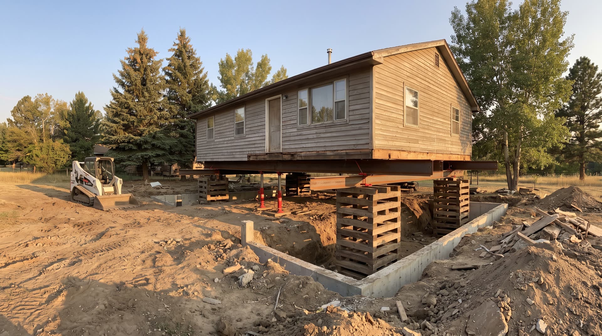House held on steel beams and cribbing above a new foundation