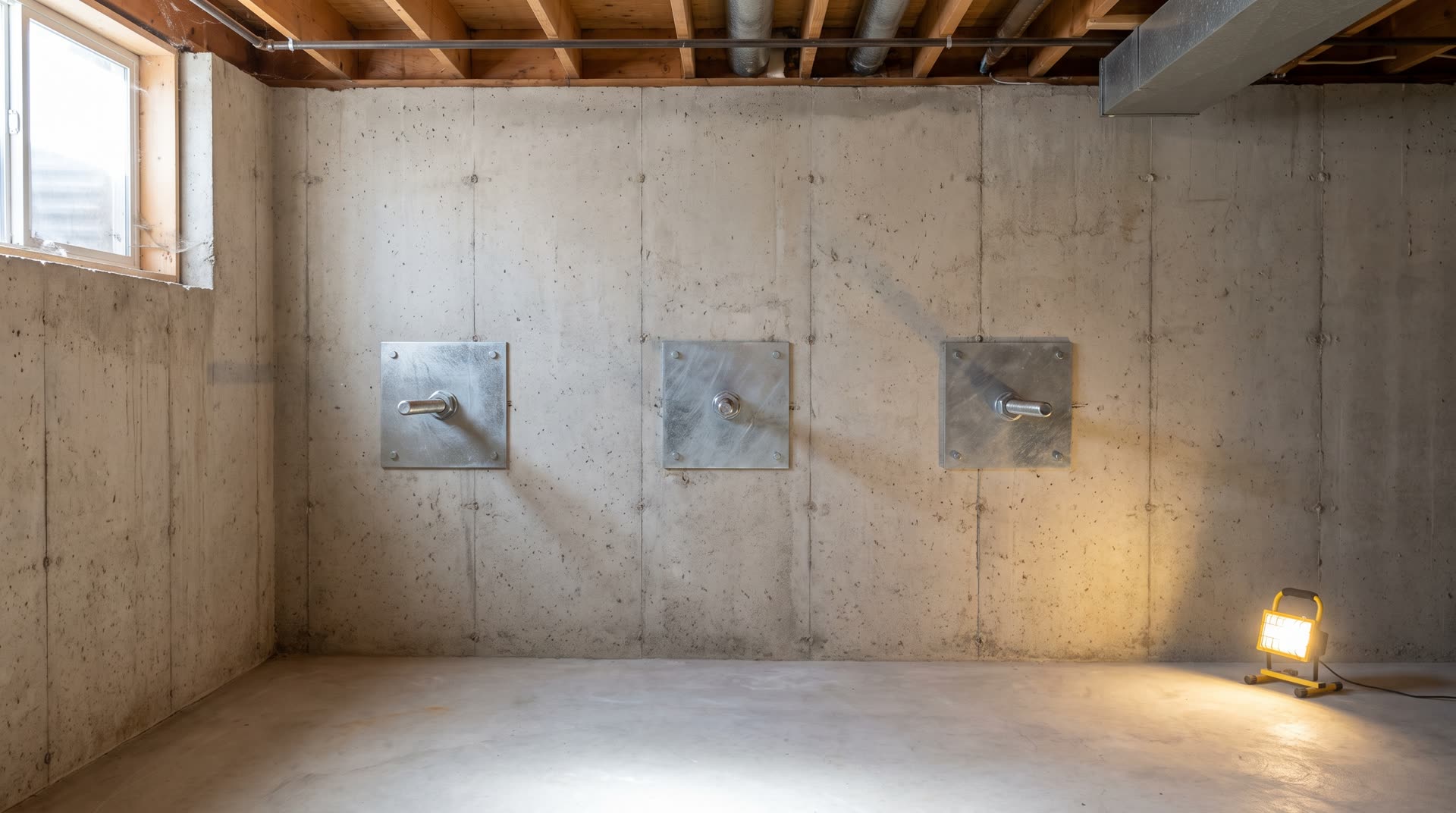 Steel wall anchor plates on a basement wall